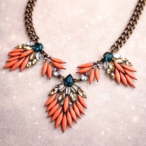 Bib Necklace Coral Orange Teal Crystal Bronze Tone Leaf Botanical Boho Chic